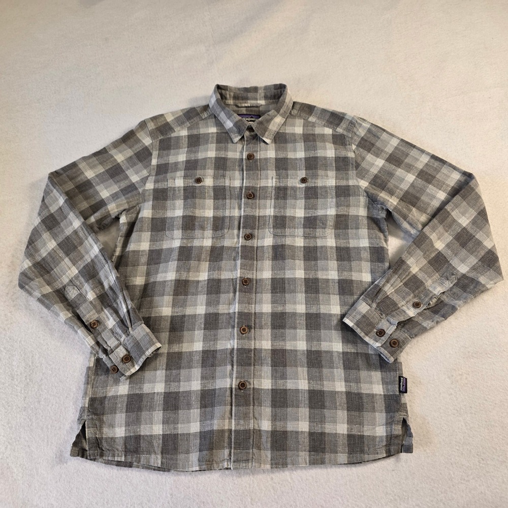 Patagonia Mens Hemp Organic Cotton Plaid Button Down Shirt Grey Small